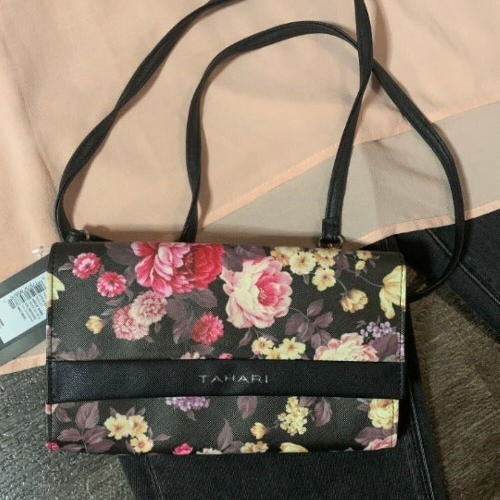 Tahari Crossbody Floral Flower Print Black Pink Valentine's Day  NWT